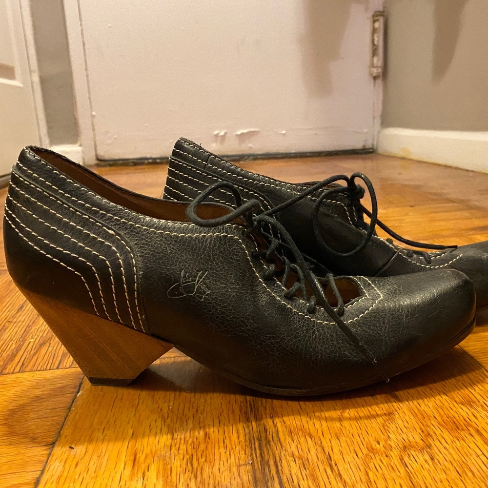 Black Fluevog lace up wedges